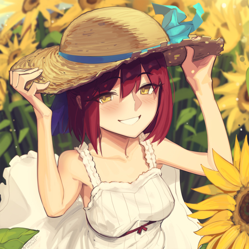 1girl bare_shoulders blush boa_(brianoa) breasts collarbone dress field flower flower_field grin hair_ribbon hat highres kohaku_(tsukihime) looking_at_viewer medium_breasts red_hair ribbon short_hair smile solo straw_hat sunflower sunflower_field tsukihime white_dress yellow_eyes