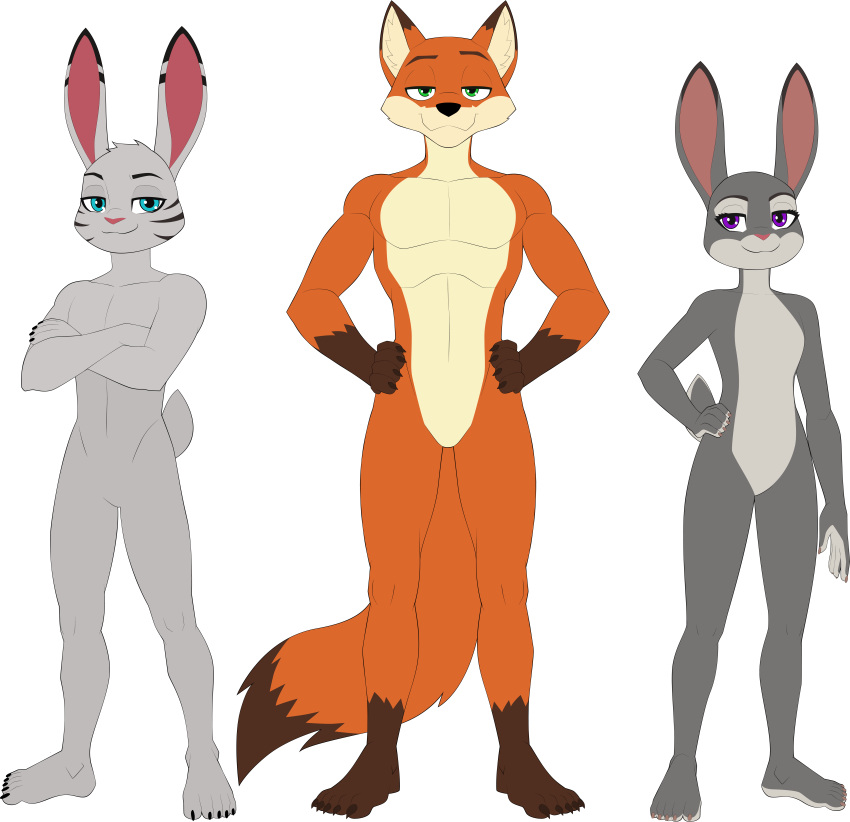 5_toes absurd_res anthro canid canine claws disney feet female fox group hare hi_res humanoid_feet humanoid_hands jack_savage judy_hopps lagomorph leporid male mammal nick_wilde nude plantigrade rabbit sparksstars tall toes trio zootopia