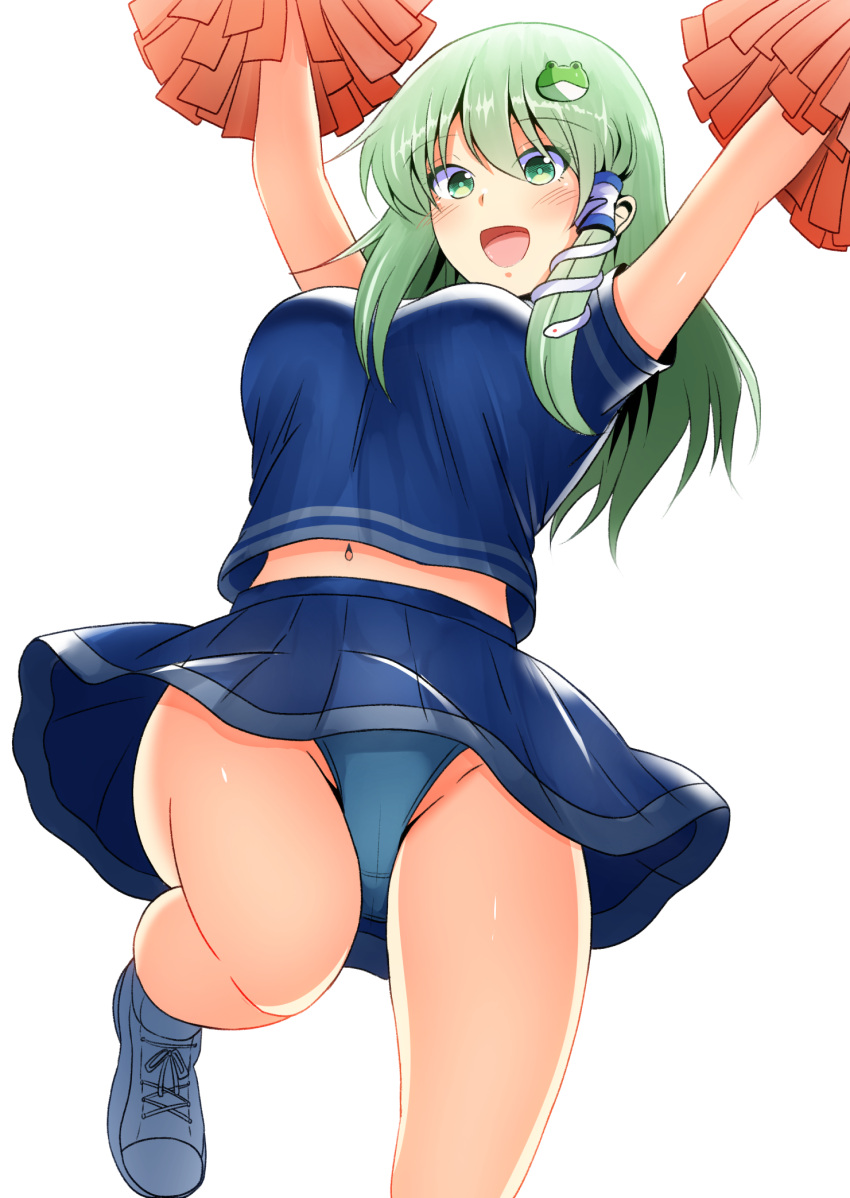 1girl blue_panties blue_shirt blue_skirt blush bouncing_breasts breasts cheering cheerleader crop_top frog_hair_ornament green_eyes green_hair hair_ornament hair_tubes highres holding holding_pom_poms kochiya_sanae kyanta5354 long_hair medium_breasts midriff miniskirt navel open_mouth panties pleated_skirt pom_pom_(cheerleading) shirt skirt smile snake_hair_ornament solo touhou underwear