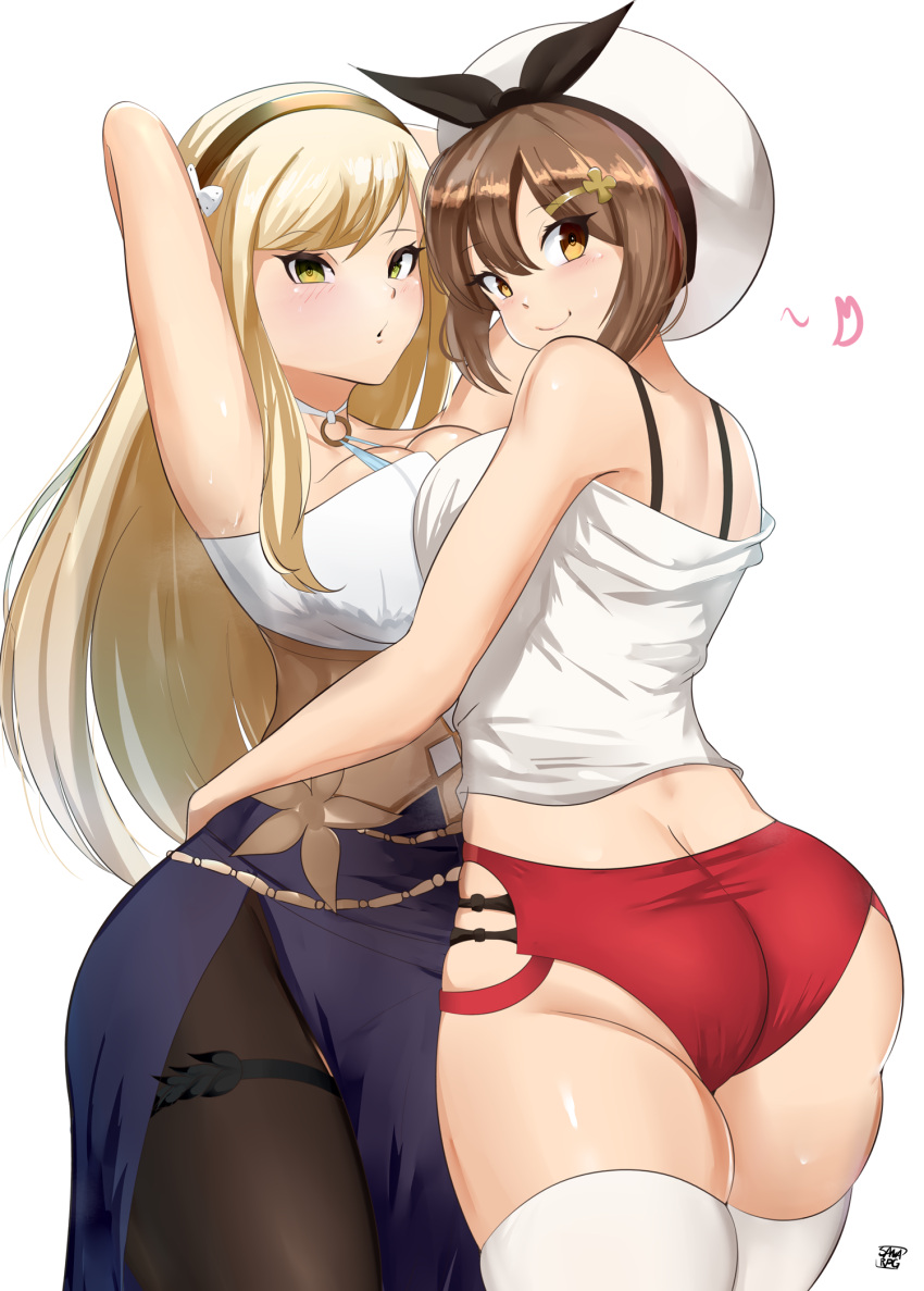 2girls arms_around_waist arms_up ass atelier_(series) atelier_ryza atelier_ryza_1 back black_pantyhose blonde_hair blue_dress blush breast_press brown_eyes brown_hair butt_crack camisole closed_mouth dress hair_between_eyes hairband heart highres klaudia_valentz long_hair looking_at_viewer multiple_girls pantyhose parted_lips red_shorts reisalin_stout sana!rpg short_hair short_shorts shorts sidelocks smile spoken_heart standing thighs two-tone_dress white_background white_camisole white_dress yellow_eyes