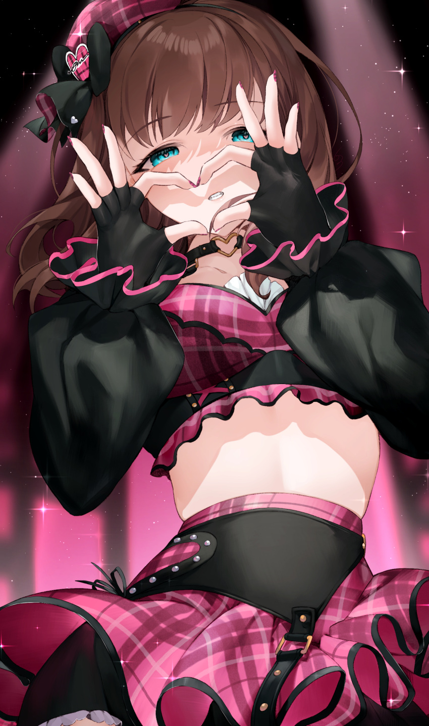 1girl aqua_eyes black_gloves brown_hair choker clenched_teeth commentary commentary_request cropped_shirt fingerless_gloves gloves heart heart-shaped_pupils heart_hands heart_o-ring highres idolmaster idolmaster_cinderella_girls koyo_akio light_particles long_sleeves looking_at_viewer midriff o-ring o-ring_choker pink_shirt pink_skirt plaid plaid_headwear plaid_skirt puffy_long_sleeves puffy_sleeves sakuma_mayu shirt skirt solo stage_lights symbol-shaped_pupils teeth