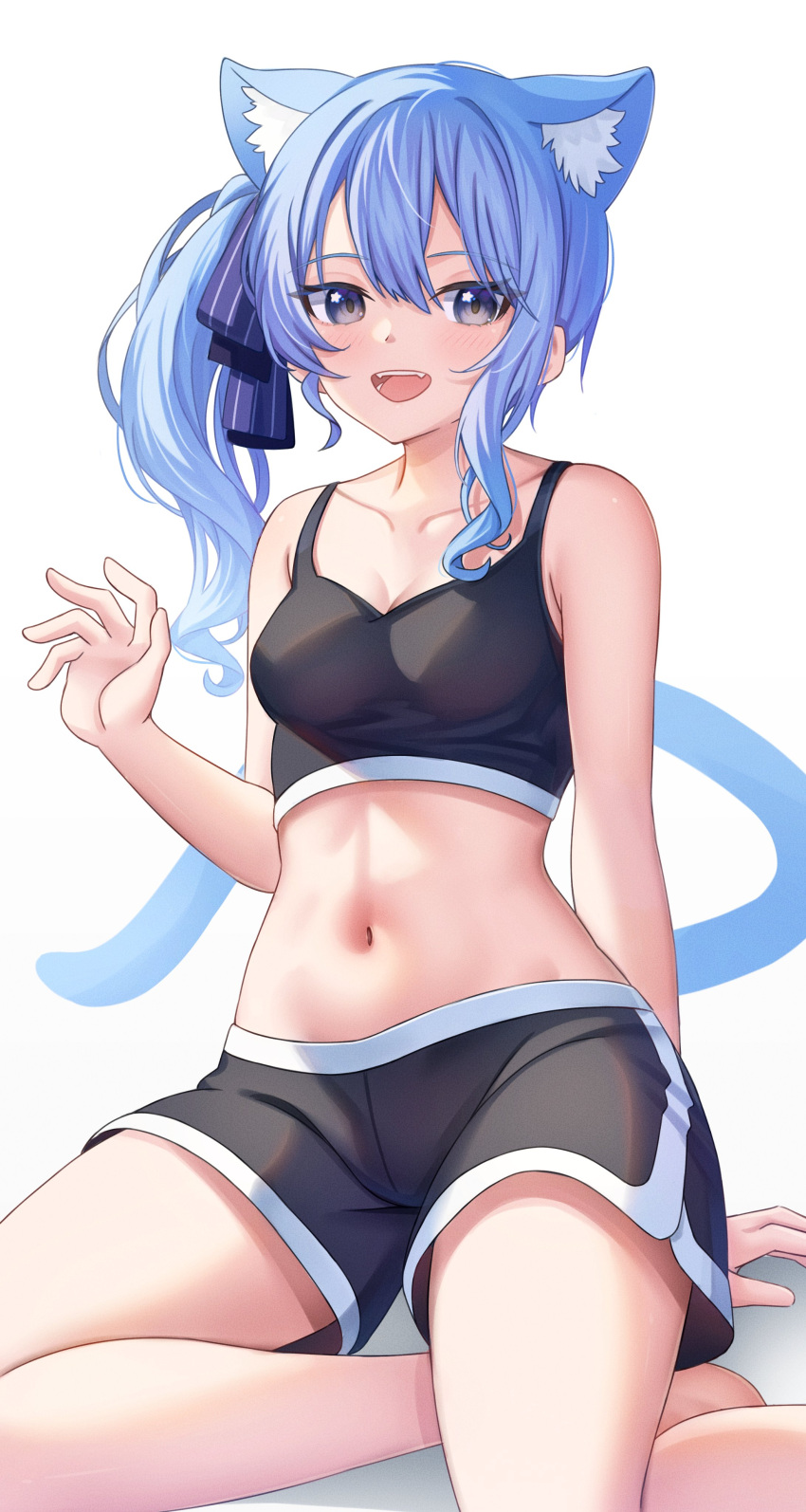 1girl absurdres animal_ear_fluff animal_ears aoi_zerii arm_up armpit_crease bare_arms bare_legs black_shorts black_sports_bra blue_eyes blue_hair blue_ribbon blue_tail blush cat_ears cat_tail collarbone crossed_legs curly_hair hair_between_eyes hair_ribbon hand_on_ground highres hololive hoshimachi_suisei light_blush midriff navel on_floor open_hand open_mouth ribbon shorts side_ponytail sidelocks sitting solo sports_bra sportswear stomach tail teeth thighs tongue virtual_youtuber white_background