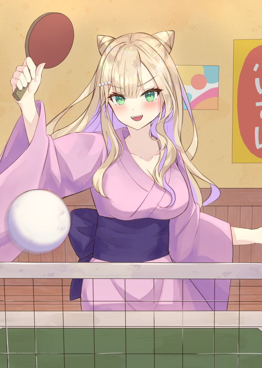 1girl absurdres ball blonde_hair blush breasts colored_inner_hair cone_hair_bun green_eyes hair_bun hair_ornament hairclip highres indoors japanese_clothes kimono kurumi_noah long_hair looking_at_viewer medium_breasts multicolored_hair paddle pink_hair pink_kimono sash smile solo table_tennis table_tennis_ball table_tennis_net table_tennis_paddle v-shaped_eyebrows virtual_youtuber vspo! yoto_4102