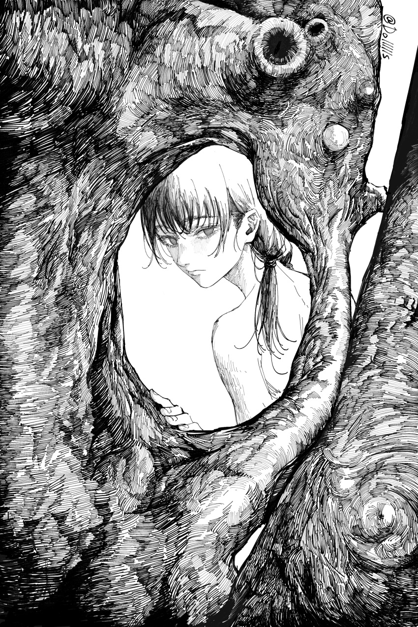 1girl absurdres chainsaw_man chinese_commentary commentary_request crosshatching dollllls2 empty_eyes frown greyscale hatching_(texture) highres looking_at_viewer looking_back low_twintails mitaka_asa monochrome nude solo tree twintails twitter_username upper_body