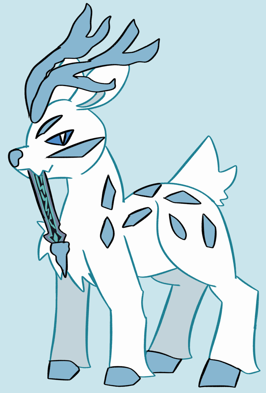 2024 antlers blue_eyes blue_hooves blue_nose chien-pao fangs feral fur generation_5_pokemon generation_9_pokemon hi_res hooves horn hybrid jackrabbit_(artist) legendary_pokemon male melee_weapon nintendo no_sclera pokemon pokemon_(species) pupils sawsbuck scut_tail short_tail slit_pupils solo sword sword_in_mouth tail teeth weapon white_body white_fur