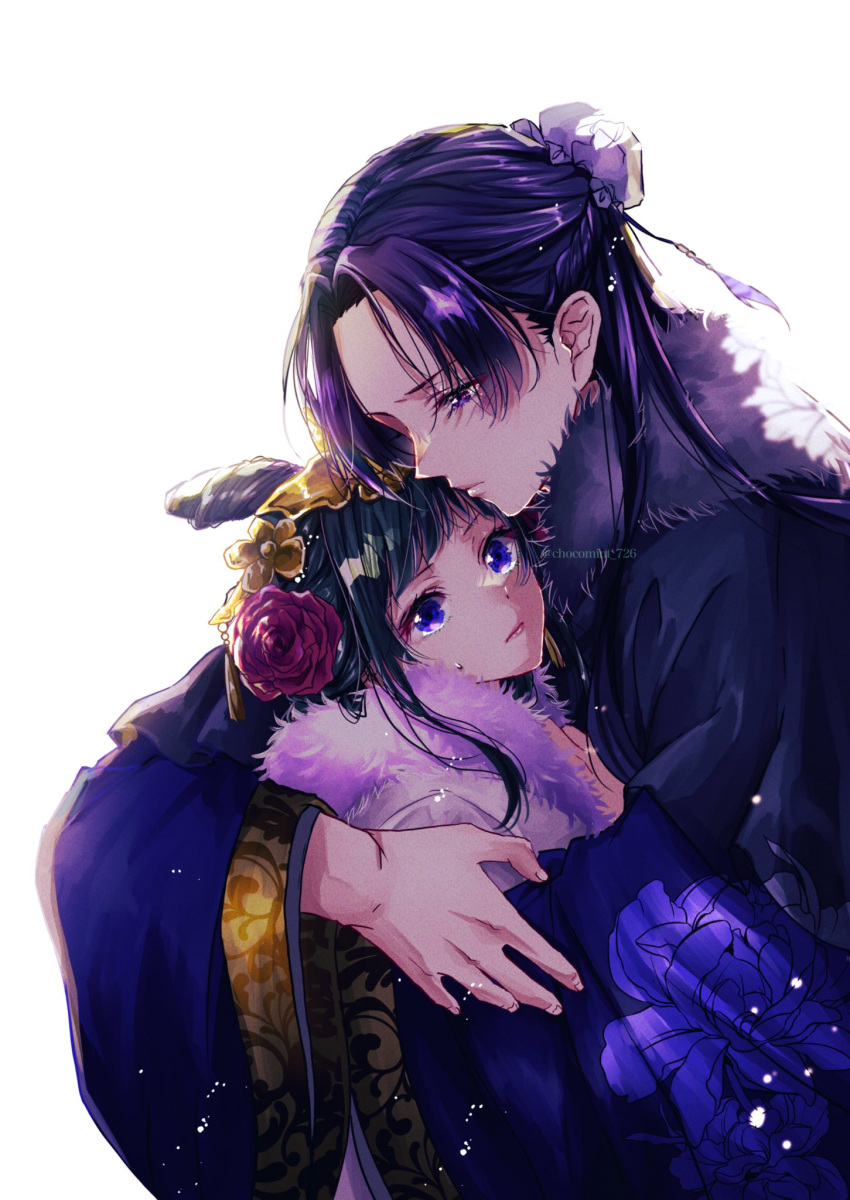 1boy 1girl bun_cover chinese_clothes chocomint_726 closed_mouth flower fur_trim green_hair hair_flower hair_ornament hanfu highres hug jinshi_(kusuriya_no_hitorigoto) kusuriya_no_hitorigoto long_hair long_sleeves maomao_(kusuriya_no_hitorigoto) purple_eyes purple_hair simple_background wide_sleeves