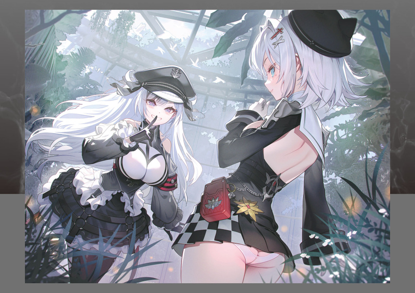 2girls animal ass azur_lane back_cutout belt_pouch bird black_gloves black_hair blue_eyes breasts closed_mouth clothing_cutout day detached_sleeves elbe_(azur_lane) finger_to_mouth frills gloves hair_ornament hat highres indoors jade_(azur_lane) long_hair long_sleeves looking_at_viewer looking_back medium_breasts multicolored_hair multiple_girls non-web_source official_art panties peaked_cap plant pouch purple_eyes sailor_collar sapysha short_hair shushing skirt thighhighs underwear white_gloves white_hair x_hair_ornament