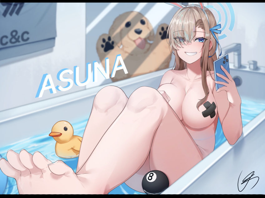 1girl 8-ball absurdres asuna_(blue_archive) barefoot bath bathing bathroom bathtub blue_archive blue_eyes blue_halo blue_ribbon breasts cellphone character_name collarbone commentary_request cross_pasties grin hair_over_one_eye hair_ribbon halo highres holding holding_phone knees_up large_breasts letterboxed long_hair nude pasties phone ribbon rubber_duck shiwa_(jired1234) signature sitting smartphone smile solo teeth toenails toes water