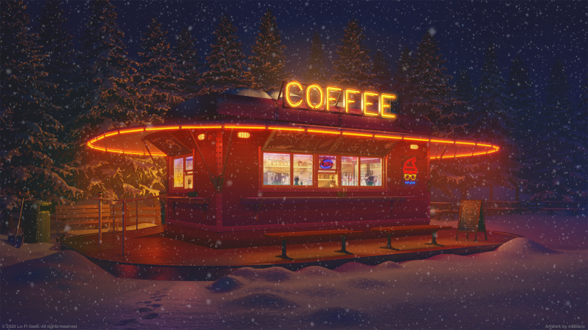 3d bench cafe footprints highres mb0sco neon_lights night no_humans original outdoors restaurant scenery shovel snow snowing trash_bin tree winter