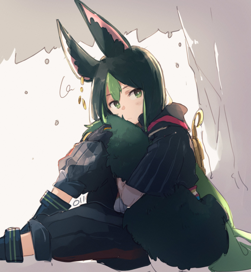 1boy absurdres animal_ear_fluff animal_ears black_hair blush boots closed_mouth earrings fox_boy fox_ears fox_tail genshin_impact green_eyes green_hair hair_between_eyes highres hugging_own_legs hugging_tail jewelry looking_at_viewer ma_rukan male_focus signature simple_background single_earring sitting solo tail tighnari_(genshin_impact) tree