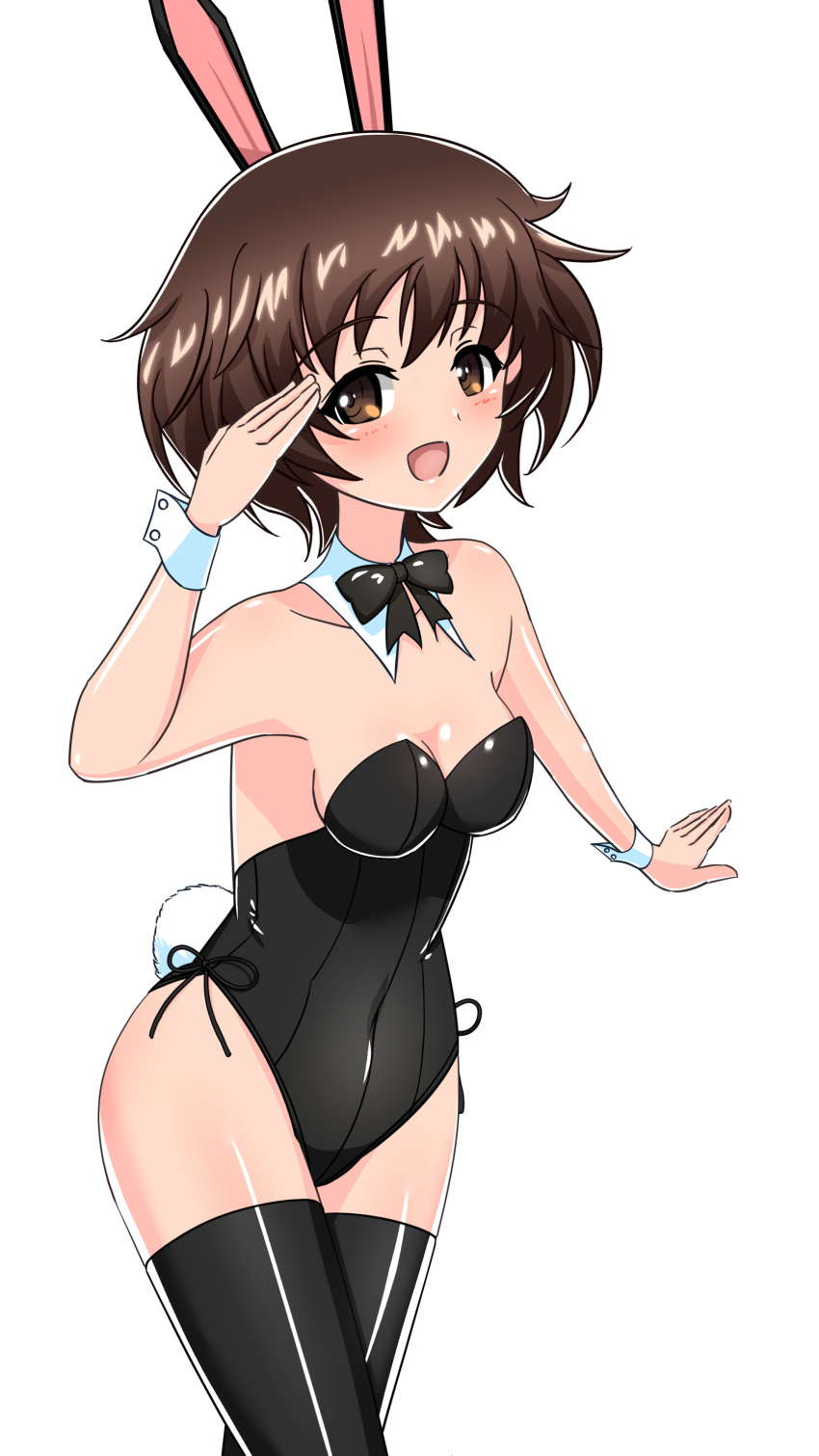 1girl absurdres akiyama_yukari animal_ears black_bow black_bowtie black_leotard black_thighhighs bow bowtie breasts brown_eyes brown_hair commentary_request covered_navel cowboy_shot detached_collar earlobe1514366 fake_animal_ears fake_tail girls_und_panzer highres leaning_forward leotard looking_at_viewer medium_breasts messy_hair open_mouth partial_commentary playboy_bunny rabbit_ears rabbit_tail short_hair side-tie_leotard simple_background smile solo standing strapless strapless_leotard tail thighhighs white_background wing_collar wrist_cuffs