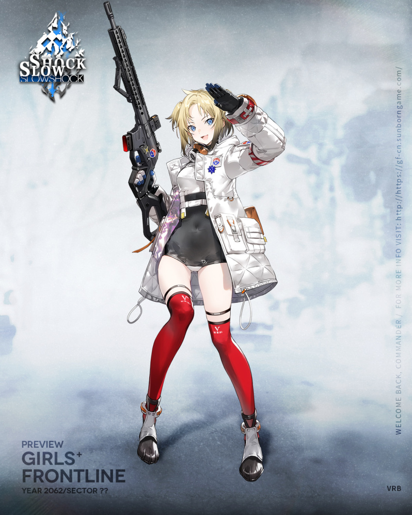 1girl :d armband artist_request black_footwear black_gloves black_leotard blonde_hair blue_eyes breasts character_name check_weapon coat commentary copyright_name covered_navel english_commentary full_body gas_mask girls'_frontline gloves gun hera_arms_vrb highres holding holding_gun holding_weapon hood hood_down hooded_coat leotard long_sleeves looking_at_viewer mask medium_breasts multicolored_clothes multicolored_footwear multicolored_gloves official_art open_mouth parted_bangs pouch red_thighhighs rifle salute second-party_source short_hair short_twintails smile solo standing sticker thighhighs trigger_discipline twintails two-sided_gloves vrb_(girls'_frontline) weapon web_address white_coat white_footwear white_gloves