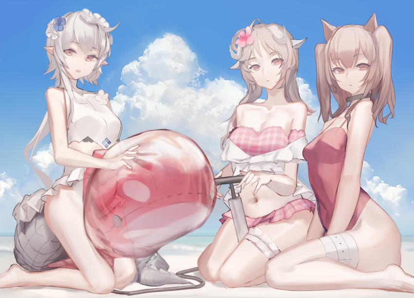 3girls air_pump angelina_(arknights) animal_ears arknights bare_arms bare_shoulders barefoot beach bikini black_choker blue_flower breasts brown_eyes choker cleavage closed_mouth cloud collarbone crocodilian_tail day eyjafjalla_(arknights) flower grey_hair hair_flower hair_ornament highres inflatable_toy kneeling long_hair looking_at_viewer medium_breasts multiple_girls navel outdoors parted_lips photo_background pink_bikini pink_flower plaid plaid_bikini seiza short_twintails sin9 sitting sky small_breasts swimsuit tail teeth thighlet thighs tomimi_(arknights) twintails upper_teeth_only white_bikini white_flower white_hair