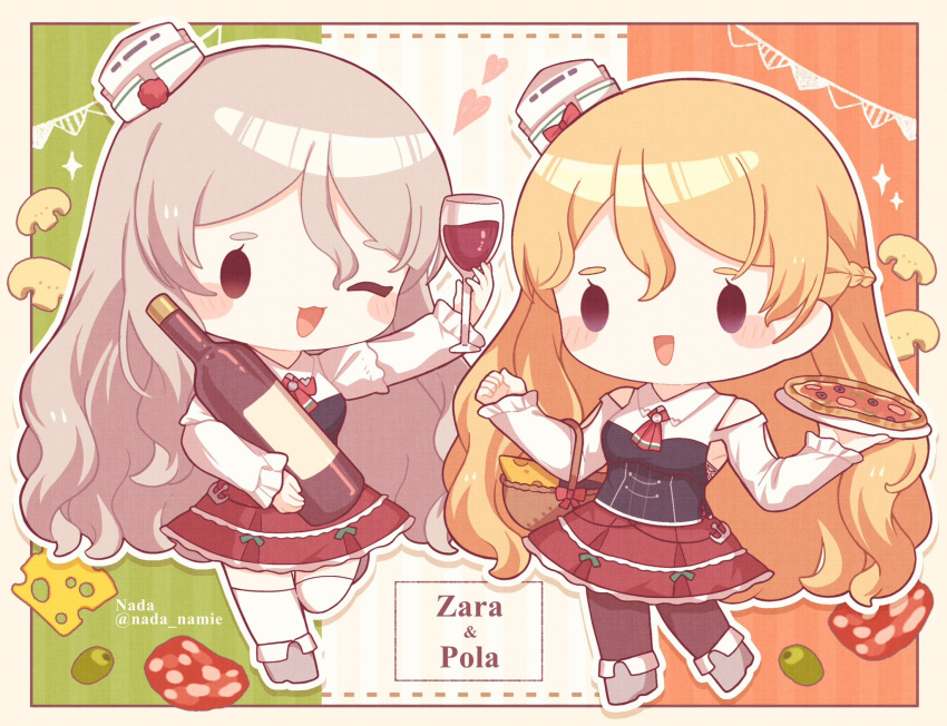 2girls alternate_legwear basket black_pantyhose blonde_hair bottle braid cheese chibi clothing_cutout cup drinking_glass food french_braid grey_hair hair_between_eyes hat heart highres holding holding_bottle holding_plate italian_flag kantai_collection long_hair long_sleeves mini_hat multiple_girls mushroom nada_namie olive one_eye_closed open_mouth pantyhose pizza plate pola_(kancolle) red_skirt shoulder_cutout skirt sparkle thighhighs white_thighhighs wine_bottle wine_glass zara_(kancolle)