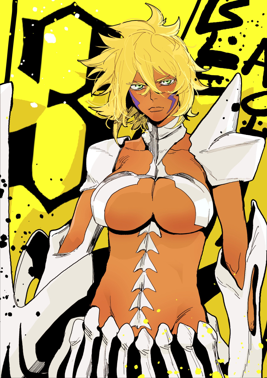 1girl absurdres armor arrancar bleach blonde_hair bone breasts closed_mouth collarbone cowboy_shot crossed_bangs dark-skinned_female dark_skin detached_collar double-parted_bangs eyelashes facial_mark floating_hair green_eyes groin hair_between_eyes highres hollow_(bleach) isaacchief300 large_breasts lips looking_at_viewer medium_hair messy midriff number_background paint_splatter resurreccion revealing_clothes shoulder_armor solo standing tier_harribel underboob yellow_background