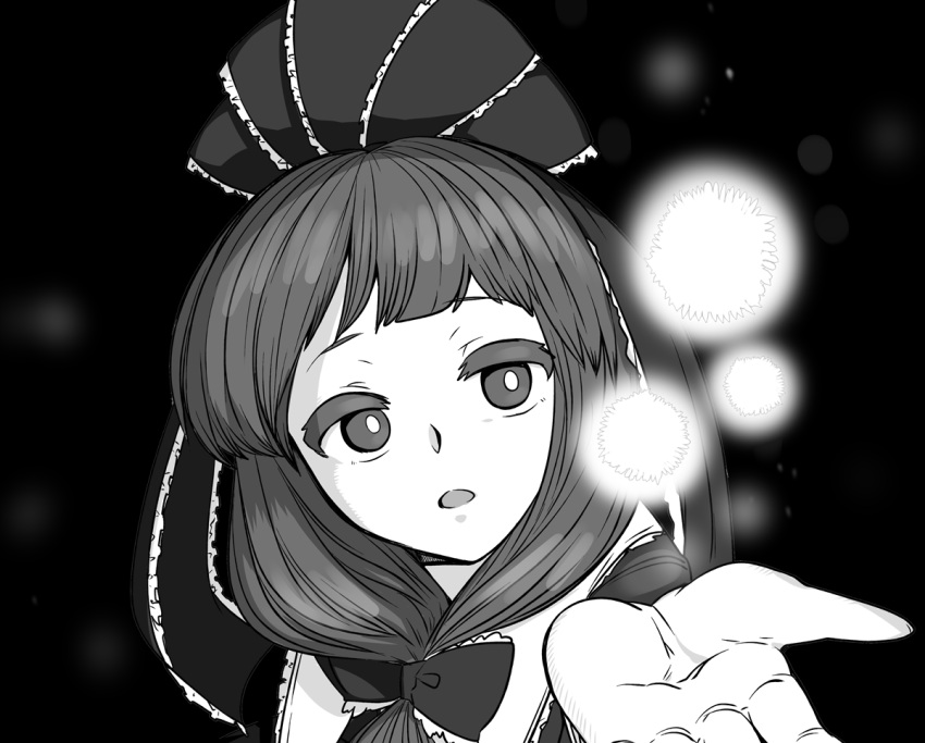 1girl black_background blurry blurry_background bow dark_background frilled_bow frilled_ribbon frills front_ponytail greyscale hair_bow hair_ribbon kagiyama_hina medium_hair mizuga monochrome open_hand open_mouth ribbon solo touhou