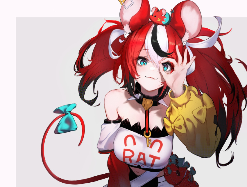 1girl :3 absurdres animal_ears animal_on_head asymmetrical_sleeves bare_shoulders black_collar black_hair blue_eyes border breasts closed_mouth collar detached_sleeves finger_to_eye gjz1227 grey_background hair_between_eyes hakos_baelz hakos_baelz_(1st_costume) hand_up hashtag_only_commentary highres hololive hololive_english large_breasts long_hair long_sleeves looking_at_viewer midriff mismatched_sleeves mouse_ears mouse_girl mouse_tail mr._squeaks_(hakos_baelz) multicolored_hair navel on_head puffy_long_sleeves puffy_sleeves red_hair shirt simple_background smile solo spiked_collar spikes strapless strapless_shirt streaked_hair tail twintails uneven_twintails upper_body virtual_youtuber white_background white_border white_hair white_shirt