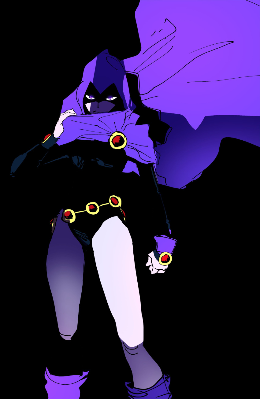 1girl :/ absurdres adjusting_clothes belt black_background black_leotard blending boots clenched_hand cloak closed_mouth colored_skin dc_comics feet_out_of_frame floating_cape gem glowing glowing_eyes grey_skin hand_up highres hood hood_up isaacchief300 knees leotard long_sleeves looking_at_viewer purple_cloak purple_cuffs purple_eyes purple_footwear raven_(dc) red_gemstone shaded_face sleeve_cuffs solo standing straight-on superhero teen_titans thighs