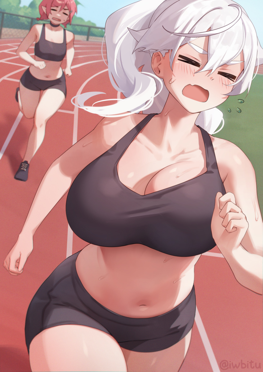 2girls black_shorts black_sports_bra blue_sky blush bouncing_breasts breasts cleavage closed_eyes collarbone day ebi_(idamaria) highres iwbitu large_breasts multiple_girls navel nyopu open_mouth original outdoors ponytail red_hair running short_hair shorts sky sports_bra sweat track_and_field twitter_username white_hair