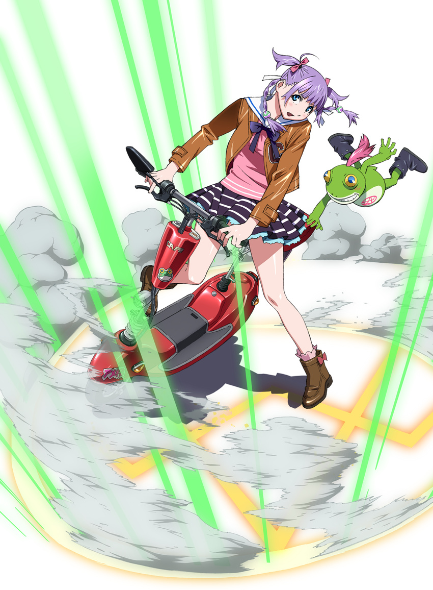 ankle_boots aqua_eyes boots bow bowtie frog ground_vehicle hair_bow hair_ornament highres hover_bike jacket miniskirt motor_vehicle motorcycle official_art purple_hair quad_tails sailor_collar skirt smoke sudou_cecil transparent_background umetsu_yasuomi wizard_barristers:_benmashi_cecil