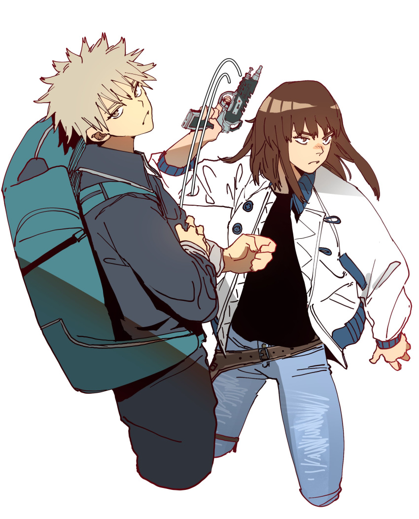 1boy 1girl absurdres backpack bag black_hoodie black_jacket blonde_hair blue_bag blue_pants bomber_jacket brown_eyes brown_hair closed_mouth commentary denim english_commentary gun handgun highres holding holding_gun holding_weapon hood hoodie isaacchief300 jacket jeans kiruko_(tengoku_daimakyou) long_hair long_sleeves looking_at_viewer maru_(tengoku_daimakyou) open_clothes open_jacket pants serious simple_background sweatpants tengoku_daimakyou weapon white_background white_jacket