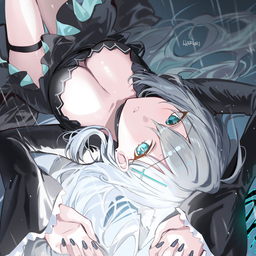 1girl animal_ears artist_name black_dress black_nails blue_archive blue_eyes breasts cleavage commentary cross_hair_ornament dress extra_ears fingernails grey_hair hair_between_eyes hair_ornament haruri highres large_breasts long_hair long_sleeves nail_polish open_mouth shiroko_(blue_archive) shiroko_terror_(blue_archive) signature solo thigh_strap wide_sleeves wolf_ears