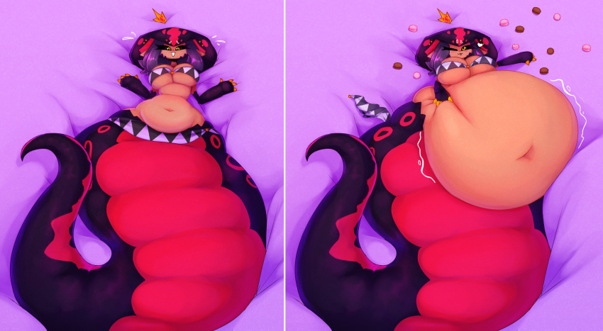 absurd_res animal_humanoid apode bed belly big_belly big_breasts big_tail black_sclera blush breasts chubby_female chubby_humanoid cleavage clothed clothing cookie crown dark_body dark_skin draconcopode female food furniture headgear hi_res huge_breasts huge_tail humanoid hyper hyper_belly lamia legless looking_at_viewer lying macaron_(food) motion_lines mysterydad navel on_back one_eye_closed open_mouth reptile reptile_humanoid scalie scalie_humanoid serpentine smile snake snake_humanoid solo split_form stel_(mysterydad) stuffing tail tongue tongue_out under_boob wink yellow_eyes