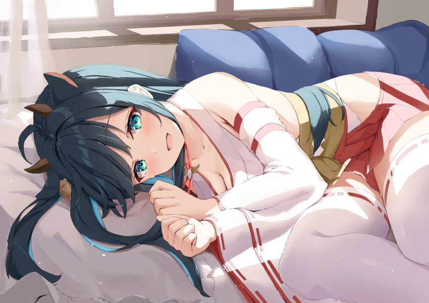 1girl absurdres ahoge amano_nene_(vtuber) amano_nene_(vtuber)_(shrine_maiden) animal_ears aqua_eyes bare_shoulders blue_hair breasts check_commentary cleavage colored_inner_hair commentary commentary_request commission cow_ears cow_horns curtains dark_blue_hair detached_sleeves ear_tag extra_ears hakama hakama_short_skirt hakama_skirt highres hip_vent horns japanese_clothes kimono large_breasts long_hair looking_at_viewer lying matcha_(user_yyss8744) miniskirt multicolored_hair nontraditional_miko obi official_alternate_costume official_alternate_hairstyle on_bed on_side open_mouth parted_hair production_kawaii red_skirt ribbon-trimmed_sleeves ribbon-trimmed_thighhighs ribbon_trim sash sidelocks skeb_commission skirt sleeveless sleeveless_kimono smile solo straight_hair thighhighs underbust virtual_youtuber white_thighhighs wide_sleeves window window_shade yellow_sash zettai_ryouiki