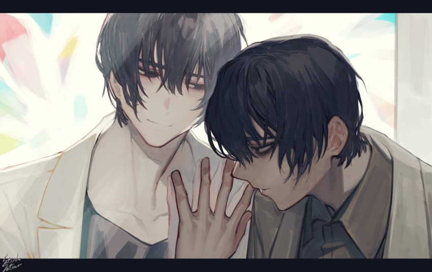 2boys black_eyes black_hair black_shirt closed_mouth coat crystal_wings different_reflection dual_persona e.g.o_(project_moon) highres limbus_company long_sleeves looking_at_another mirror multiple_boys parted_lips project_moon reflection sang_yi_(project_moon) satome_setsuko shirt smile upper_body white_coat wing_collar yi_sang_(project_moon)