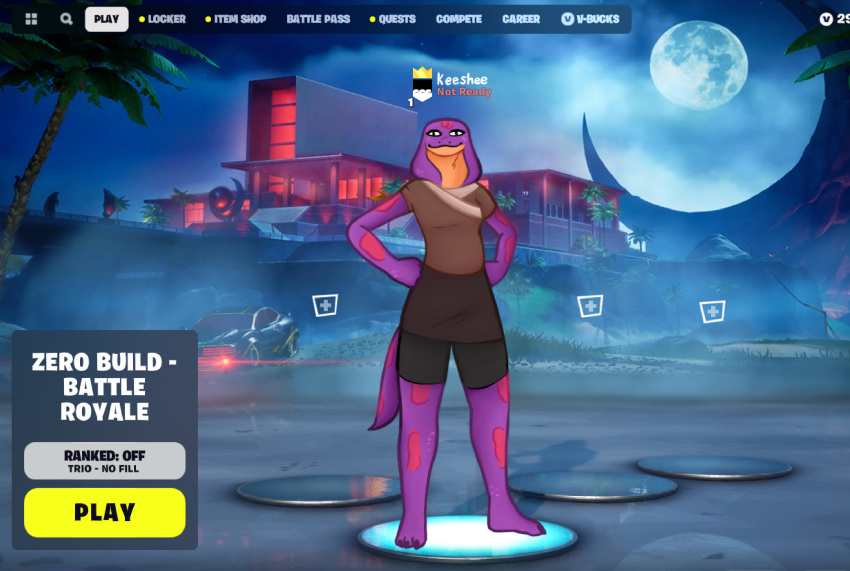 2024 anthro barefoot biped cobra digital_media_(artwork) epic_games feet female fortnite full-length_portrait hand_on_hip hand_on_own_hip hi_res keeshee looking_at_viewer multicolored_body ncs orange_body pink_body portrait purple_body reptile scalie screencap screencap_background smile smiling_at_viewer snake solo standing