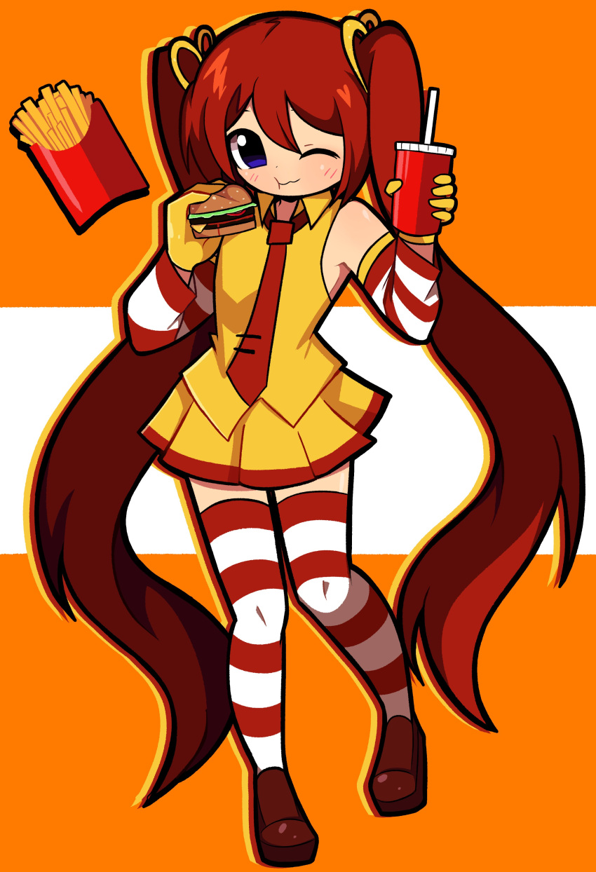1girl absurdres arm_warmers blue_eyes burger cosplay cup disposable_cup food french_fries gloves hair_between_eyes hair_ribbon hatsune_miku highres holding holding_cup holding_food long_hair mcdonald's necktie one_eye_closed orange_background orazamige outline red_arm_warmers red_footwear red_hair red_necktie red_outline red_thighhighs red_trim ribbon ronald_mcdonald ronald_mcdonald_(cosplay) shirt simple_background skirt solo striped_clothes striped_thighhighs thighhighs twintails vocaloid white_arm_warmers white_background white_thighhighs yellow_gloves yellow_outline yellow_shirt yellow_skirt