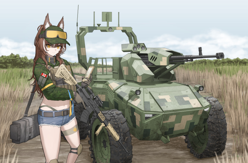 1girl absurdres ammunition_pouch animal_ear_fluff animal_ears bag baseball_cap belt blue_ribbon brown_hair camouflage camouflage_jacket canadian_flag character_request cheogtanbyeong commentary copyright_request duffel_bag goggles goggles_on_head grass green_headwear green_jacket grey_belt hat highleg highleg_panties highres holding holding_phone holding_weapon jacket knee_pads long_hair long_sleeves looking_at_viewer magazine_(weapon) military_vehicle multicolored_hair outdoors panties patch phone plate_carrier ponytail pouch ribbon short_shorts shorts single_knee_pad solo streaked_hair thigh_strap thighs tree underwear vehicle_request weapon weapon_request yellow_eyes yellow_ribbon