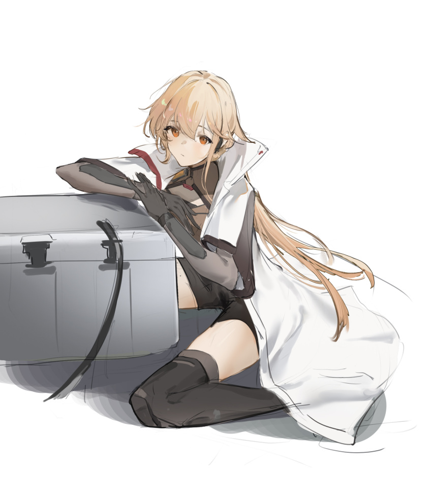 1girl absurdres black_gloves blonde_hair brown_shirt closed_mouth coat flantia girls'_frontline girls'_frontline_2:_exilium gloves hair_between_eyes highres long_hair long_sleeves looking_at_viewer orange_eyes ots-14_(girls'_frontline) shirt simple_background sitting solo thighhighs very_long_hair wariza white_background white_coat