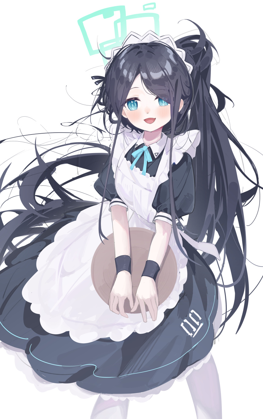 1girl :d absurdres apron aqua_halo aqua_ribbon aris_(blue_archive) aris_(maid)_(blue_archive) black_dress black_hair blue_archive blue_eyes commentary dress frilled_apron frills highres holding holding_tray long_hair looking_at_viewer maid maid_apron maid_headdress number_print official_alternate_costume oiru_(fattyoils) open_mouth parted_bangs ponytail puffy_short_sleeves puffy_sleeves ribbon short_sleeves simple_background smile solo square_halo tray very_long_hair white_apron white_background
