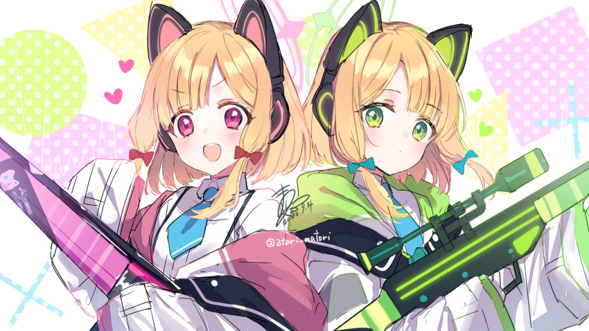 2girls animal_ear_headphones animal_ears aqua_bow battle_rifle blonde_hair blue_archive blue_necktie bow cat_ear_headphones cat_ears closed_mouth commentary_request dated fake_animal_ears green_eyes green_halo gun h&amp;k_g3 hair_bow halo headphones heart highres jacket jacket_partially_removed long_sleeves looking_at_viewer low-tied_sidelocks matori_(penguin_batake) medium_hair midori_(blue_archive) momoi_(blue_archive) multiple_girls necktie open_mouth parted_bangs pink_eyes pink_halo red_bow rifle scope siblings signature sisters sleeves_past_fingers sleeves_past_wrists teeth twins twitter_username upper_body upper_teeth_only weapon white_jacket