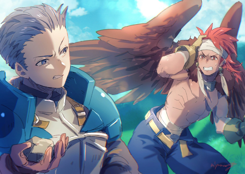 2boys armor belt brown_gloves brown_hair canopus_wolph cloud earrings feathered_wings gloves headband highres jewelry long_sleeves male_focus miyama_(lacrima01) multiple_boys pants red_hair rock signature standing tactics_ogre vice_bozeg wings