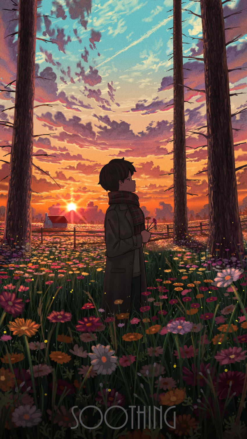 1boy absurdres brown_coat brown_hair brown_sweater cloud coat fence field flower flower_field highres holding holding_flower house male_focus original outdoors pasoputi plaid plaid_scarf red_scarf scarf scenery short_hair solo sun sunset sweater tree wooden_fence
