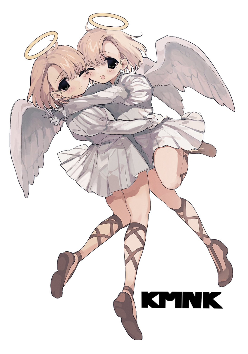 2girls angel angel_wings black_eyes blonde_hair blush cheek-to-cheek dress feathered_wings full_body gladiator_sandals grey_dress grey_wings halo heads_together highres hug juliet_sleeves kmnk_(kumanuko) long_sleeves looking_at_viewer multiple_girls open_mouth original puffy_sleeves sandals short_dress short_hair siblings sketch smile twins wings