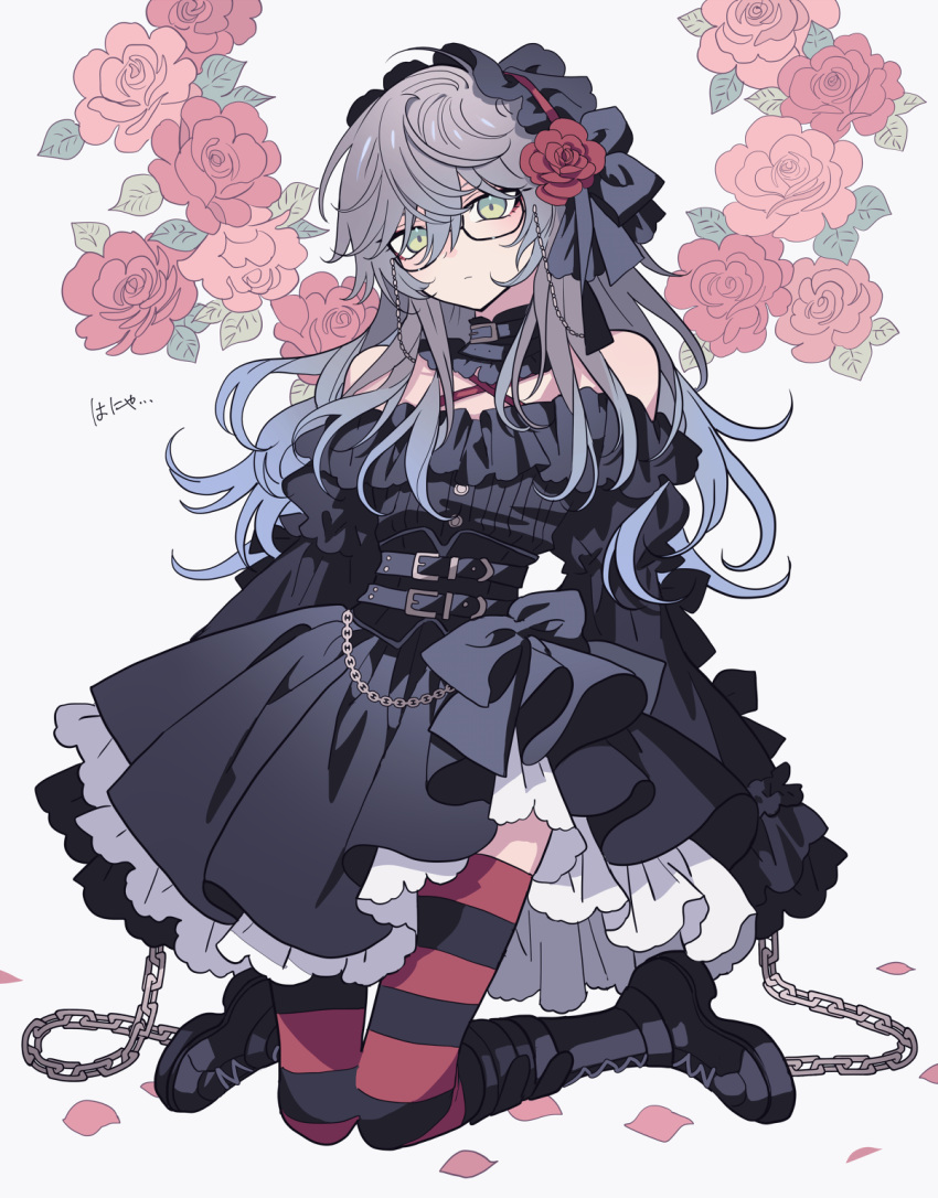 1girl belt black_belt black_dress black_footwear boots chain closed_mouth detached_collar dress flower frilled_dress frills full_body genderswap genderswap_(mtf) glasses gothic_lolita green_eyes grey_hair hair_between_eyes hair_flower hair_ornament hairband highres ike_eveland knee_boots kneeling lolita_fashion lolita_hairband long_hair long_sleeves looking_at_viewer meremero nijisanji nijisanji_en off-shoulder_dress off_shoulder petals red_flower red_rose rose solo striped_clothes striped_thighhighs thighhighs very_long_hair virtual_youtuber