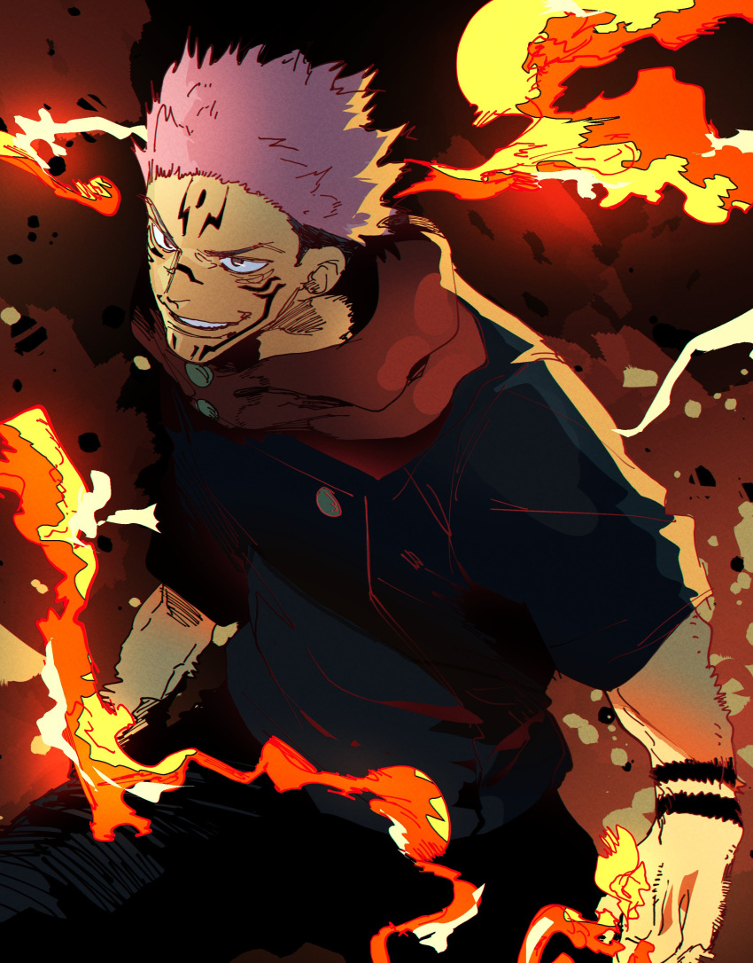 1boy absurdres arm_tattoo black_pants brown_eyes buttons closed_mouth cowboy_shot explosion facial_tattoo fire forehead_tattoo from_side gakuran hatching_(texture) highres hood hoodie isaacchief300 jpeg_artifacts jujutsu_kaisen jujutsu_tech_uniform looking_to_the_side male_focus pants pink_hair pyrokinesis red_hoodie ryoumen_sukuna_(jujutsu_kaisen) school_uniform sleeves_rolled_up smile smoke solo spiked_hair tattoo undercut v-shaped_eyebrows walking wrist_tattoo