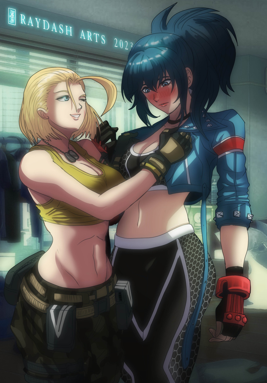 2girls absurdres belt belt_pouch black_choker black_gloves black_hair black_pants black_sports_bra blonde_hair blue_eyes blue_jacket blush breasts cammy_white cammy_white_(cosplay) camouflage camouflage_pants cargo_pants choker cleavage commentary commission cosplay costume_switch cropped_jacket dog_tags earrings english_commentary fingerless_gloves full-face_blush gloves green_tank_top height_difference highres jacket jewelry large_breasts leather leather_jacket leona_heidern leona_heidern_(cosplay) linea_alba long_hair medium_breasts midriff multiple_belts multiple_girls pants ponytail pouch raydash30 scar scar_on_cheek scar_on_face short_hair sports_bra street_fighter street_fighter_6 tank_top the_king_of_fighters the_king_of_fighters_xv triangle_earrings yoga_pants