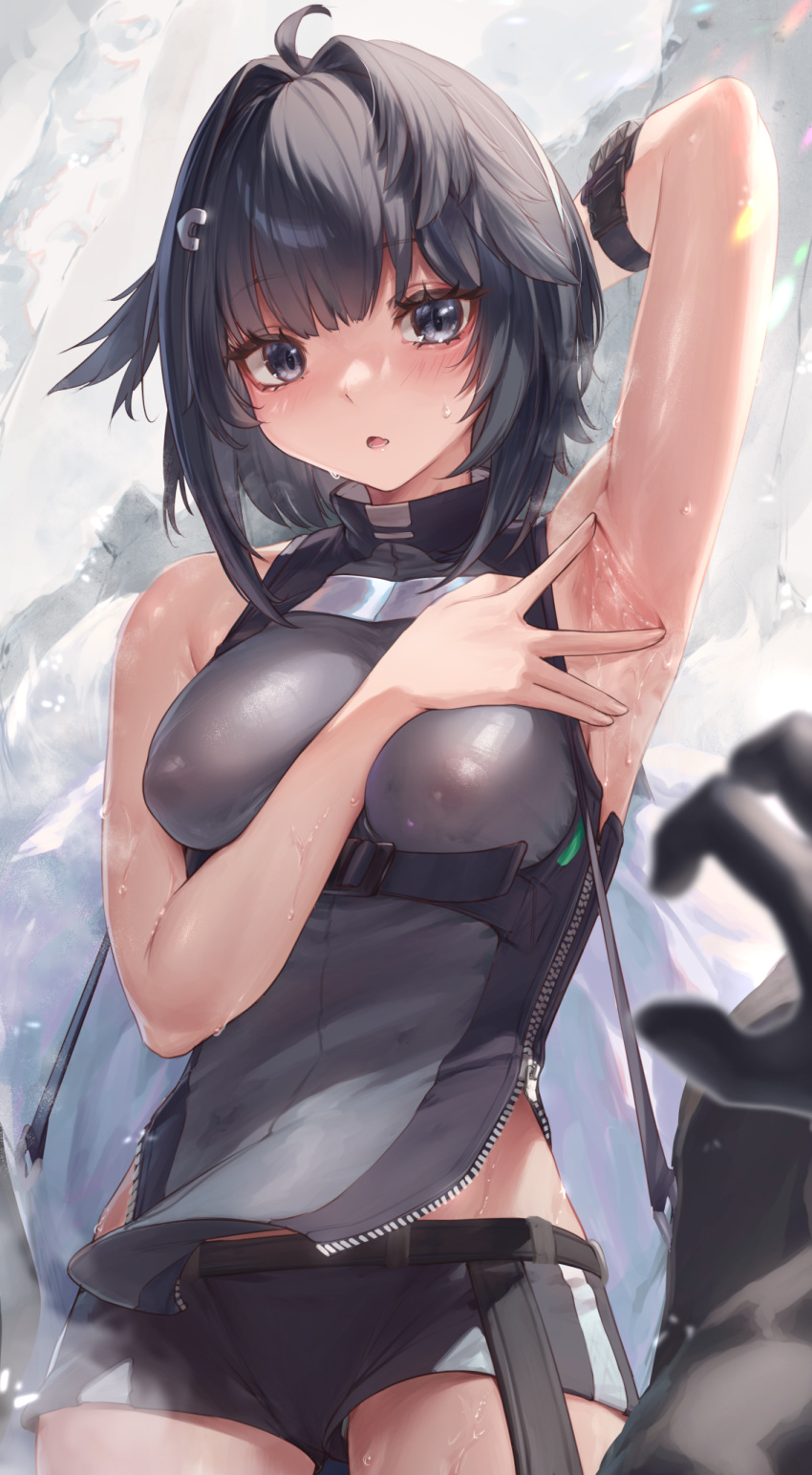 1girl ahoge arknights arm_up armpits bare_shoulders belt black_hair black_shirt black_shorts blush breasts covered_nipples feather_hair grey_eyes hair_intakes highres la_pluma_(arknights) large_breasts looking_at_viewer open_mouth padoruu pelvic_curtain presenting_armpit shirt short_hair short_shorts shorts sleeveless sleeveless_shirt solo_focus zipper