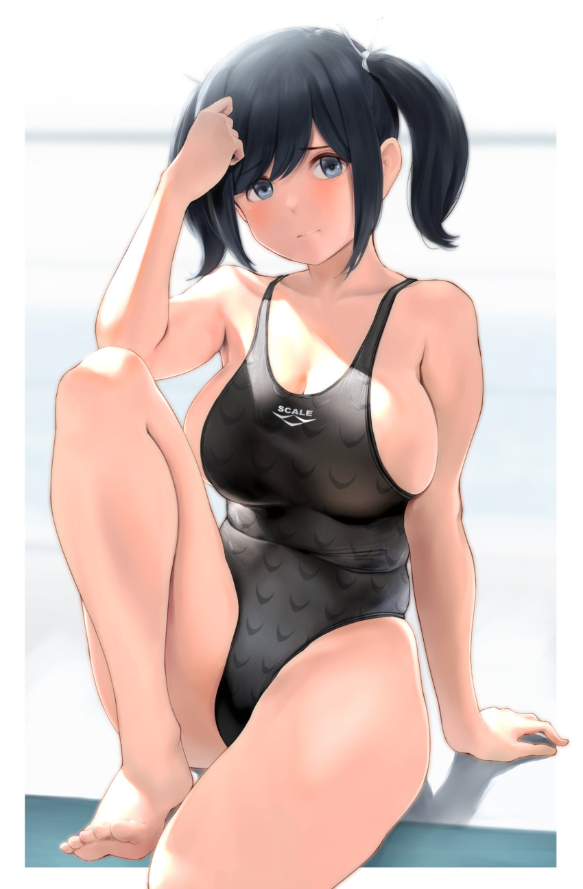 1girl absurdres alternate_costume barefoot black_hair black_one-piece_swimsuit blue_eyes blue_hair border breasts closed_mouth competition_swimsuit dark_blue_hair embarrassed feet foot_out_of_frame hair_ribbon hand_up highleg highleg_swimsuit highres kantai_collection knee_up large_breasts legs light_blush light_rays looking_at_viewer medium_hair one-piece_swimsuit outside_border ribbon sideboob sidelighting sitting solo souryuu_(kancolle) swimsuit thighs toenails toes twintails wa_(genryusui) white_border white_ribbon