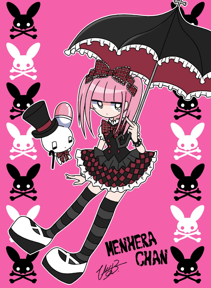 1girl animal artist_name black_eyes black_shirt black_skirt black_thighhighs black_umbrella blunt_bangs bow cane character_name checkered_clothes checkered_skirt closed_mouth collar copyright_name expressionless ezaki_bisuko frilled_skirt frills gothic gothic_lolita hat highres holding holding_cane holding_umbrella lolita_fashion menhera-chan_(ezaki_bisuko) menhera-chan_(ezaki_bisuko)_(character) middle_finger outline pink_background pink_hair plaid plaid_bow puffy_short_sleeves puffy_sleeves rabbit red_bow red_skirt shirt short_sleeves short_twintails sidelocks signature simple_background skirt skull spiked_collar spikes striped_clothes striped_thighhighs thighhighs top_hat twintails umbrella usatan_(ezaki_bisuko) white_footwear white_outline