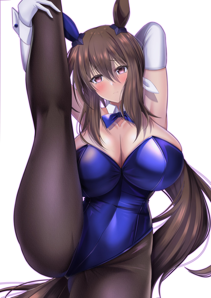 1girl absurdres admire_vega_(umamusume) alternate_costume animal_ears armpits arms_up black_pantyhose bow bowtie breasts brown_eyes brown_hair cela_f cleavage commentary_request cowboy_shot detached_sleeves ear_covers elbow_gloves gloves highres horse_ears horse_girl horse_tail kneepits large_breasts legs leotard long_hair looking_at_viewer nontraditional_miko nontraditional_playboy_bunny pantyhose ponytail purple_bow purple_bowtie purple_leotard simple_background single_ear_cover solo split standing standing_on_one_leg standing_split strapless strapless_leotard tail umamusume very_long_hair white_background white_gloves wrist_cuffs