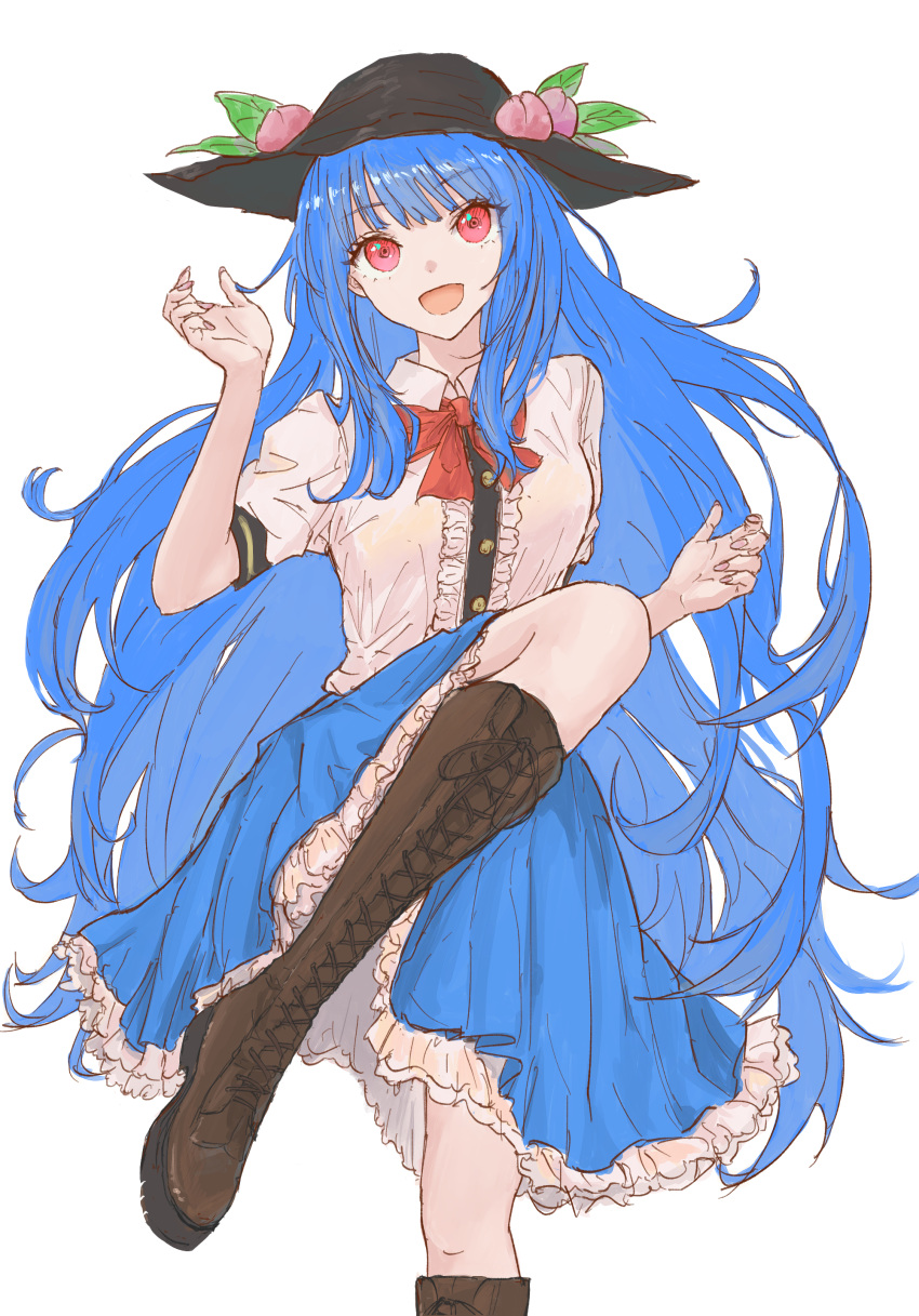 1girl absurdres black_headwear blue_hair blue_skirt boots brown_footwear center_frills collared_shirt commentary cross-laced_footwear foot_out_of_frame frilled_skirt frills fruit_hat_ornament hat hat_ornament highres hinanawi_tenshi kashiwada_kiiho lace-up_boots long_hair looking_at_viewer open_mouth peach_hat_ornament red_eyes shirt short_sleeves simple_background skirt smile solo standing standing_on_one_leg touhou very_long_hair white_background white_shirt
