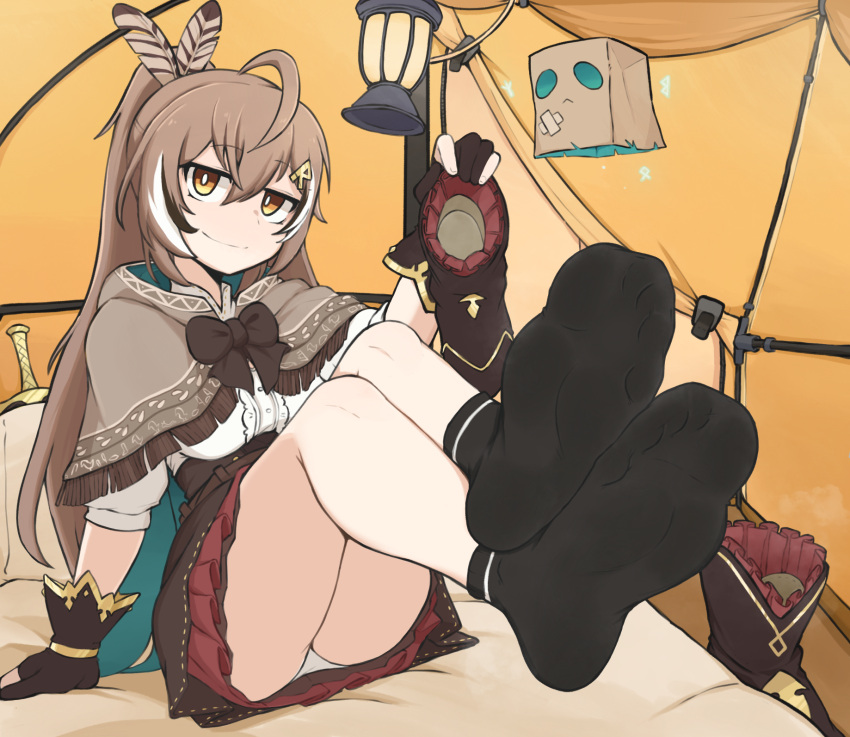 1girl ahoge arm_support bed_sheet black_gloves black_hair black_socks boots bow bowtie bright_pupils brown_bow brown_bowtie brown_eyes brown_hair closed_mouth crossed_ankles double-parted_bangs feather_hair_ornament feathers feet foot_focus foreshortening frills full_body gloves gold_trim hair_between_eyes hair_ornament highres holding holding_boots holding_clothes holding_footwear hololive hood hood_down indoors knees_up legs legs_together long_hair looking_at_viewer miniskirt multicolored_hair nanashi_mumei no_shoes on_bed panties partially_fingerless_gloves ponytail sitting skirt smile socks softhanten soles streaked_hair tent toes underwear unworn_boots variant_set very_long_hair virtual_youtuber white_hair white_panties white_pupils