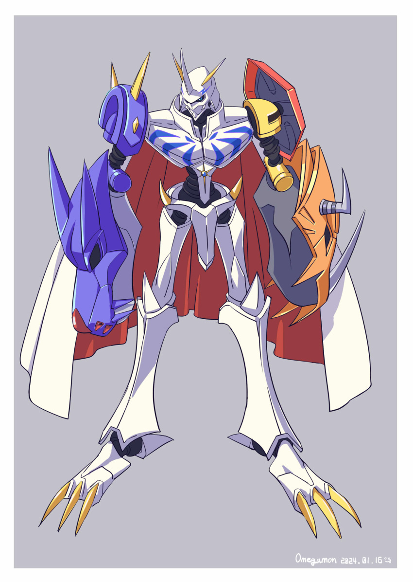 blue_eyes cape character_name dated digimon digimon_(creature) futa_yuri_ryona highres horns looking_at_viewer mecha no_humans omegamon red_cape robot shield simple_background spikes white_cape