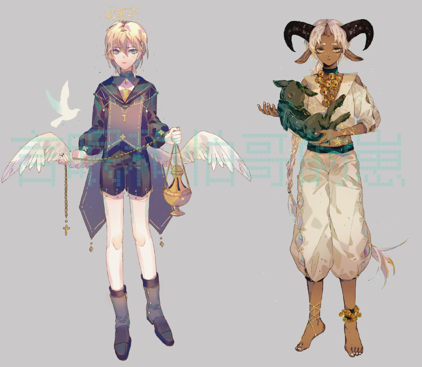 2boys angel_wings animal animal_ears asymmetrical_legwear bare_shoulders barefoot bell belt bird black_belt black_choker black_footwear black_horns black_sailor_collar black_shirt black_shorts blonde_hair blue_choker blue_eyes blue_sleeves boots braid buttons chain chinese_commentary choker circlet closed_mouth clothing_cutout collarbone collared_shirt commentary_request cross dark-skinned_male dark_skin expressionless full_body goat goat_ears goat_horns gold_chain grey_background halo highres holding holding_animal holding_chain horns jar jingle_bell knees long_hair long_sleeves male_focus midriff mismatched_legwear multiple_boys navel original pants parted_bangs pigeon puffy_long_sleeves puffy_pants puffy_sleeves sailor_collar shirt short_hair shorts shoulder_cutout simple_background single_braid sleeves_past_elbows star_(symbol) straight-on toenails toes very_long_hair white_bird white_hair white_pants white_shirt white_sleeves white_wings wings yanmian_(printemps-noir) yellow_eyes yellow_halo