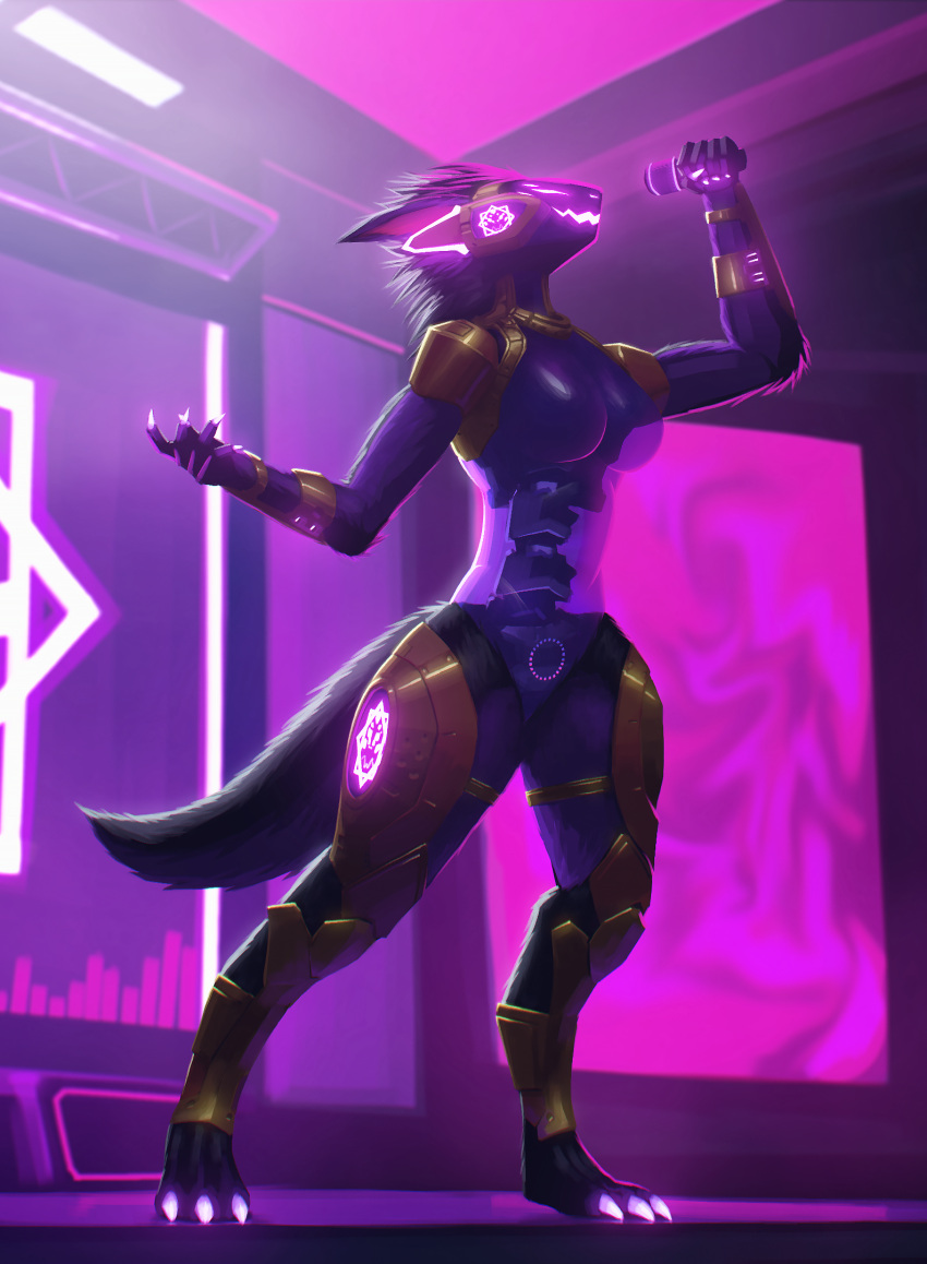 anthro armor black_body black_fur black_tail breasts claws electronics female fur gold_(metal) gold_armor hi_res machine malva(roifantome) microphone performance protogen purple_body purple_claws purple_eyes purple_light purple_tail robot screen singing solo synthpara tail virus visor